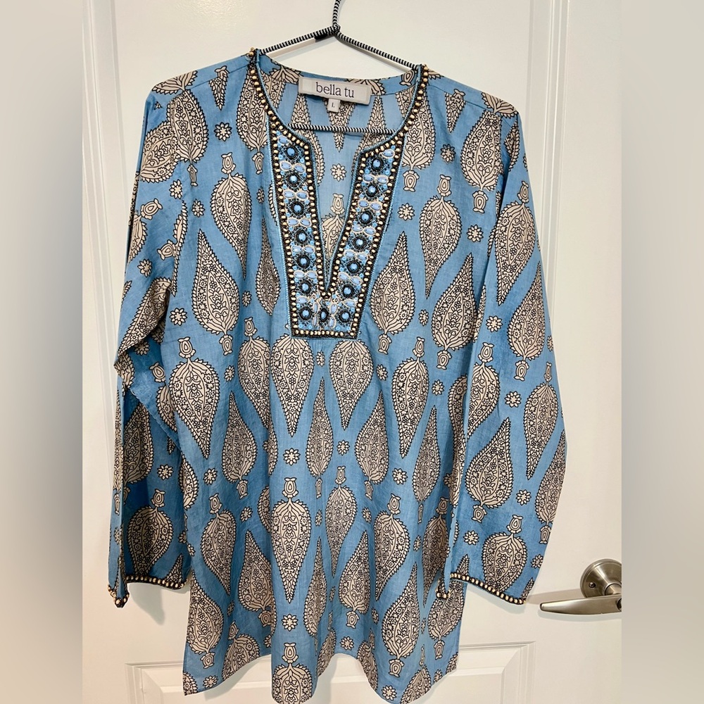 Pristine Bella Tu tunic - blue with black and cream paisley print - hand beaded